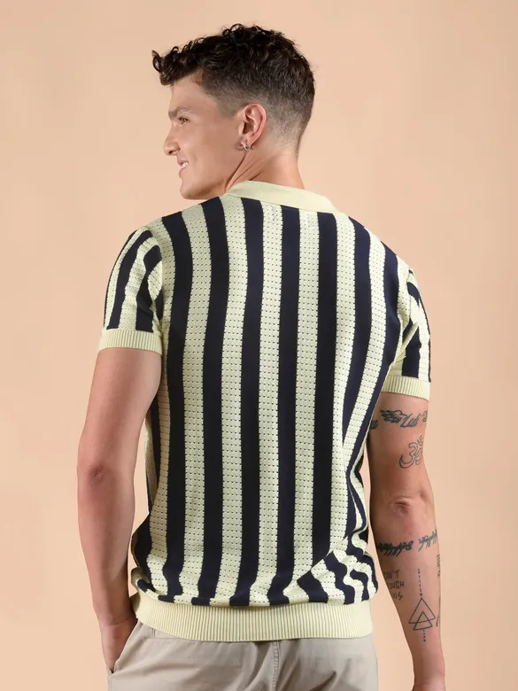 Navy Blue Striped Flat Knit Shirt